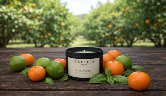 A scented candle surrounded by oranges and limes on a wooden table in an orchard.