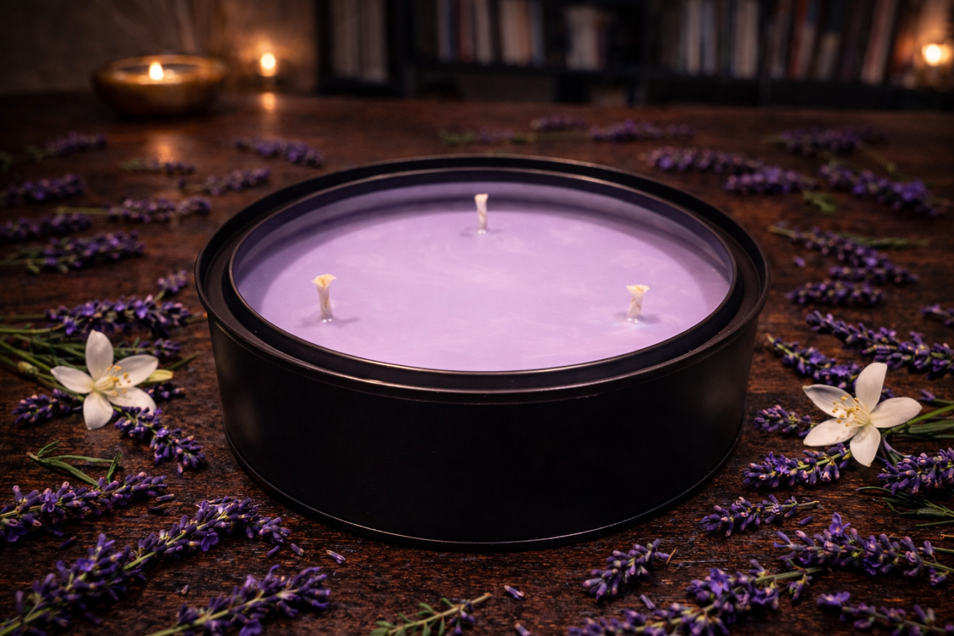 Sestina - Large A round purple candle surrounded by lavender flowers and white blossoms.