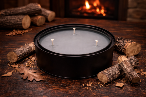 Lux Ethica London vegan and plant-based soy wax candle, Nero, log fire scent