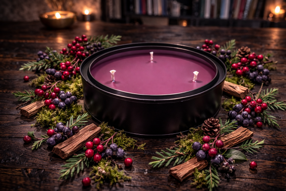 Purple candle surrounded by berries, pine, and cinnamon sticks on a wooden surface.