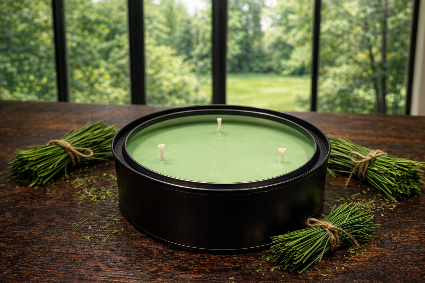 Verdant - Large A circular game board with green felt, surrounded by bundles of tied greenery.