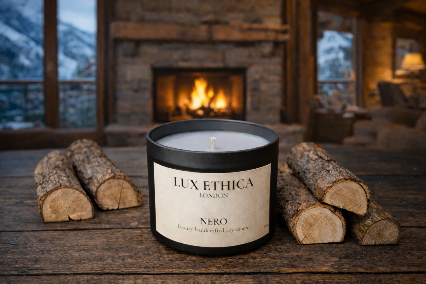 Nero - Medium A luxury candle on a table near a fireplace, with logs stacked beside it.